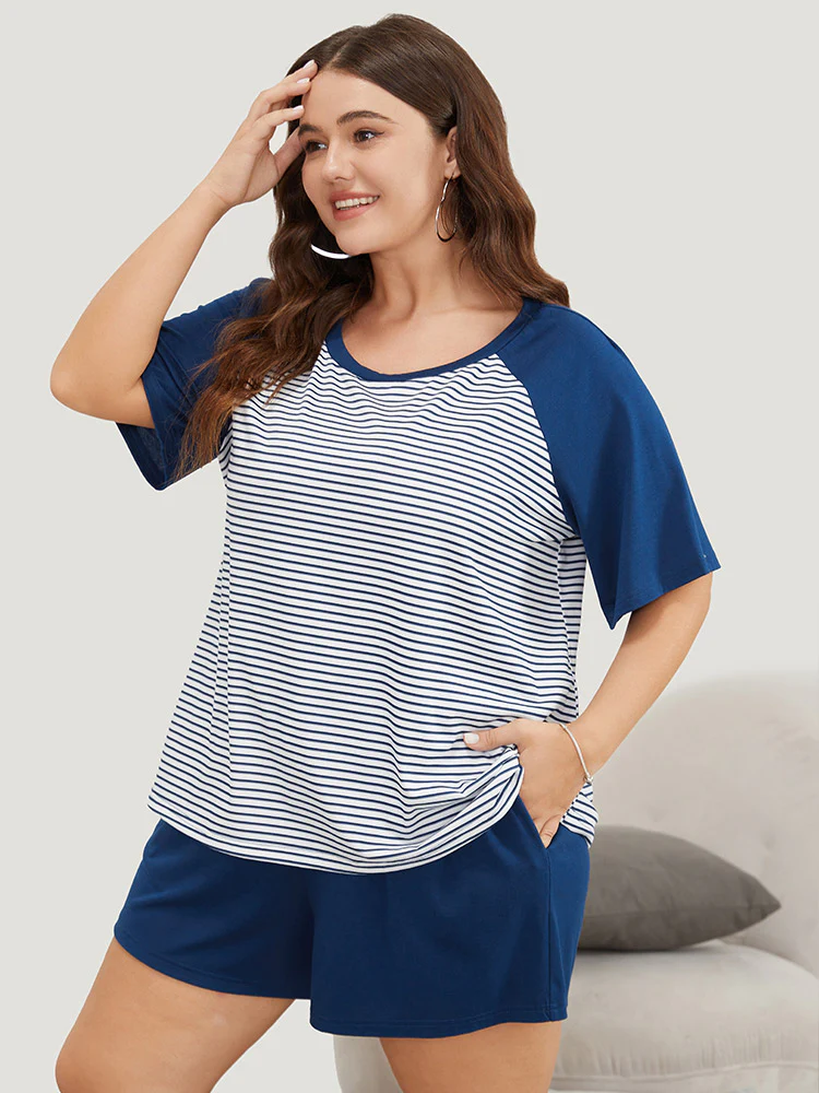 Striped Patchwork Raglan Sleeve Pajama Top - Image 2