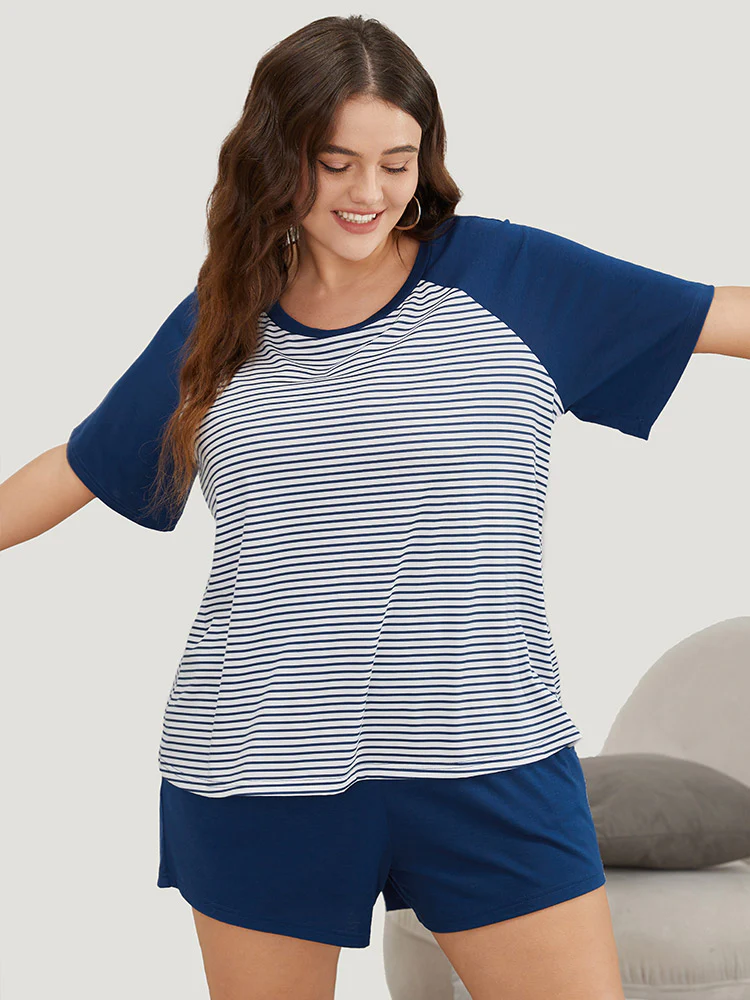 Striped Patchwork Raglan Sleeve Pajama Top - Image 3