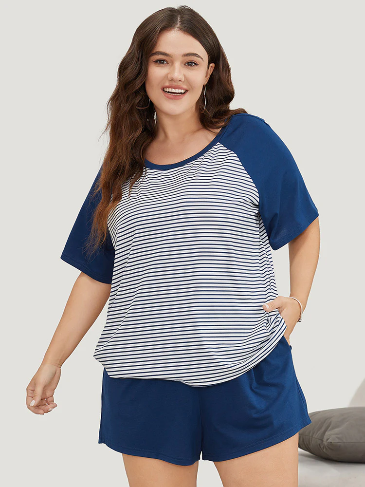Striped Patchwork Raglan Sleeve Pajama Top - Image 4