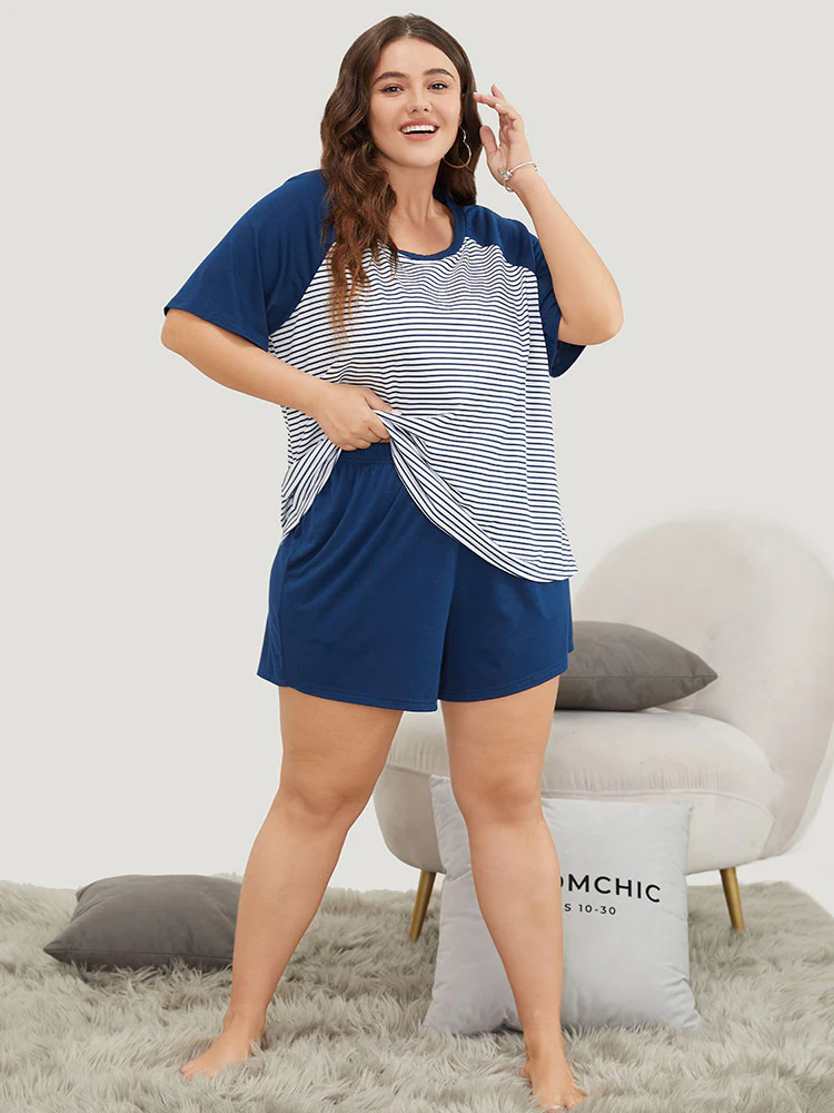 Striped Patchwork Raglan Sleeve Pajama Top - Image 6