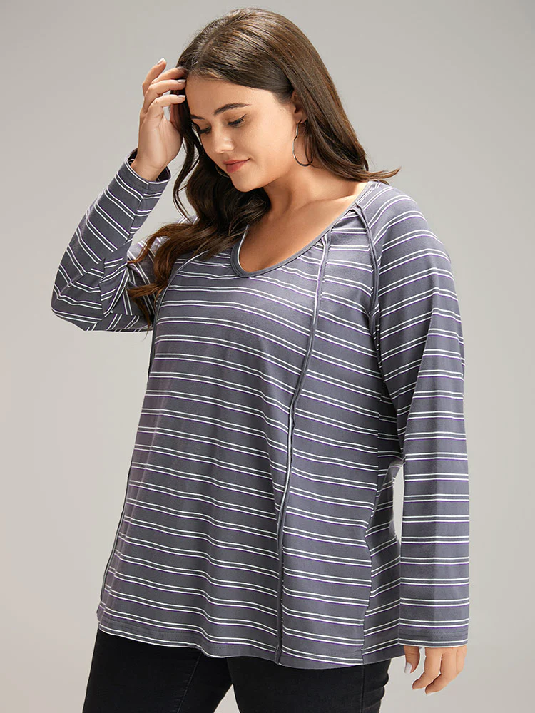 Striped Patchwork Raglan Sleeve T-shirt - Image 3