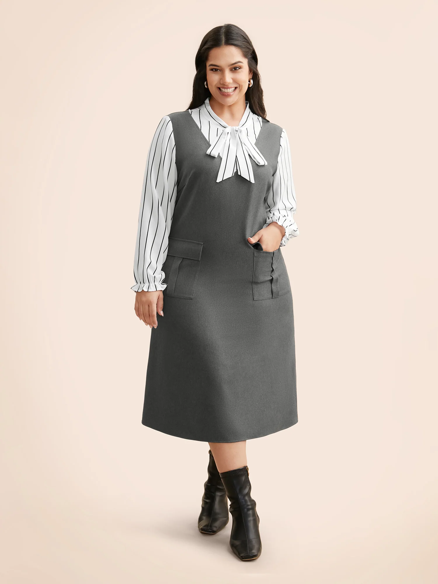 Striped Patchwork Ribbon Tied Collar Dress - Image 2