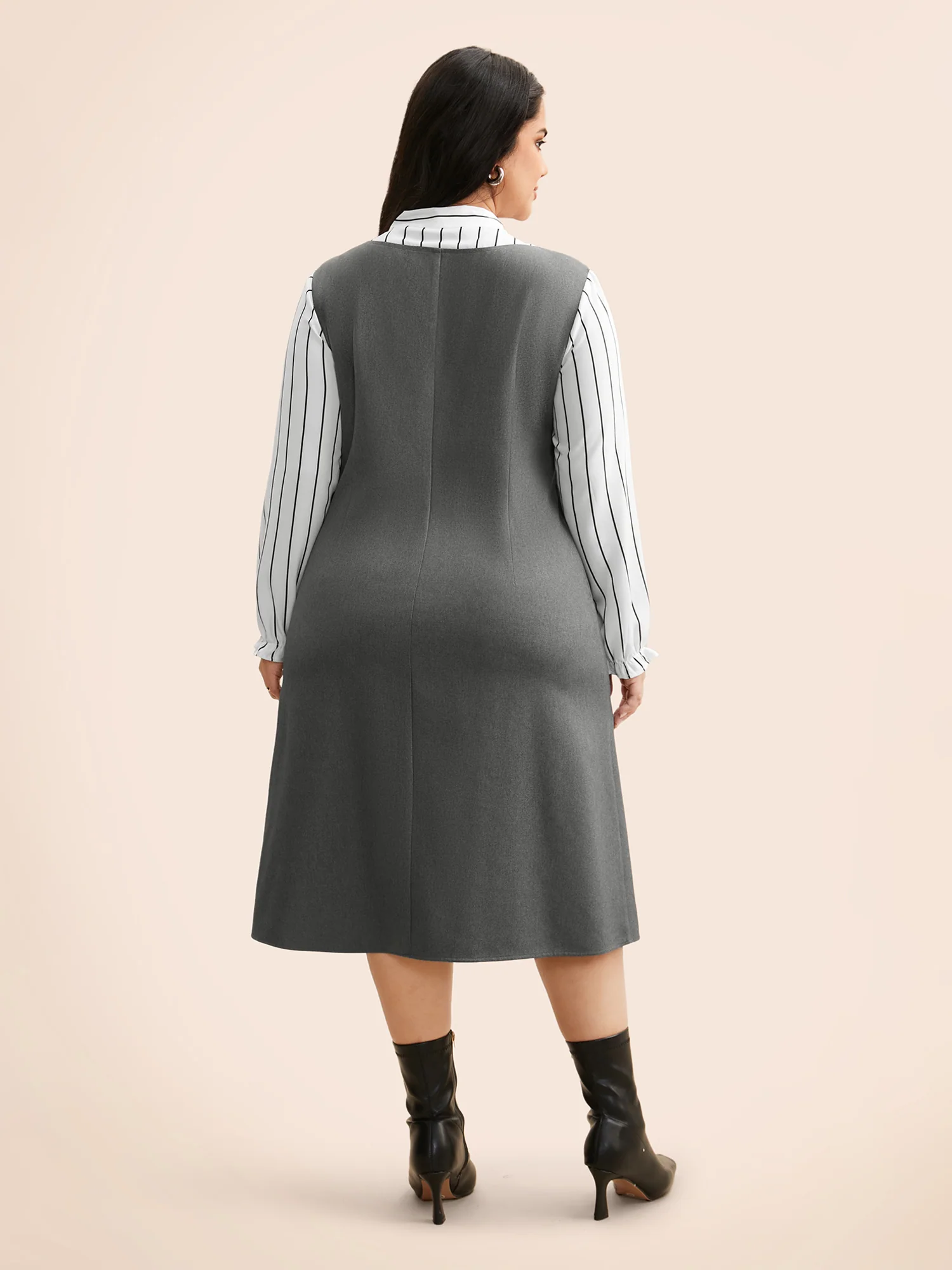 Striped Patchwork Ribbon Tied Collar Dress - Image 3
