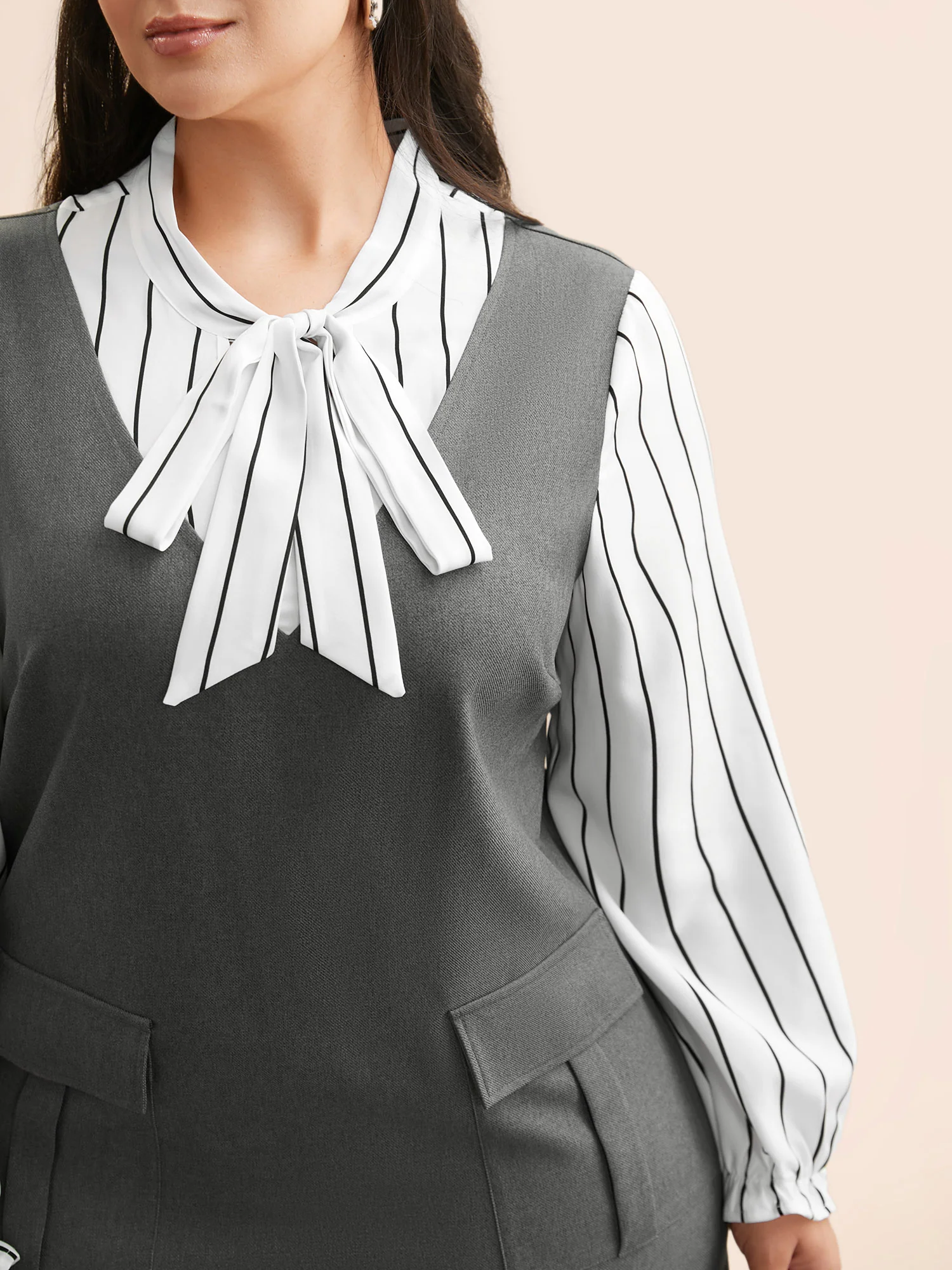 Striped Patchwork Ribbon Tied Collar Dress - Image 4