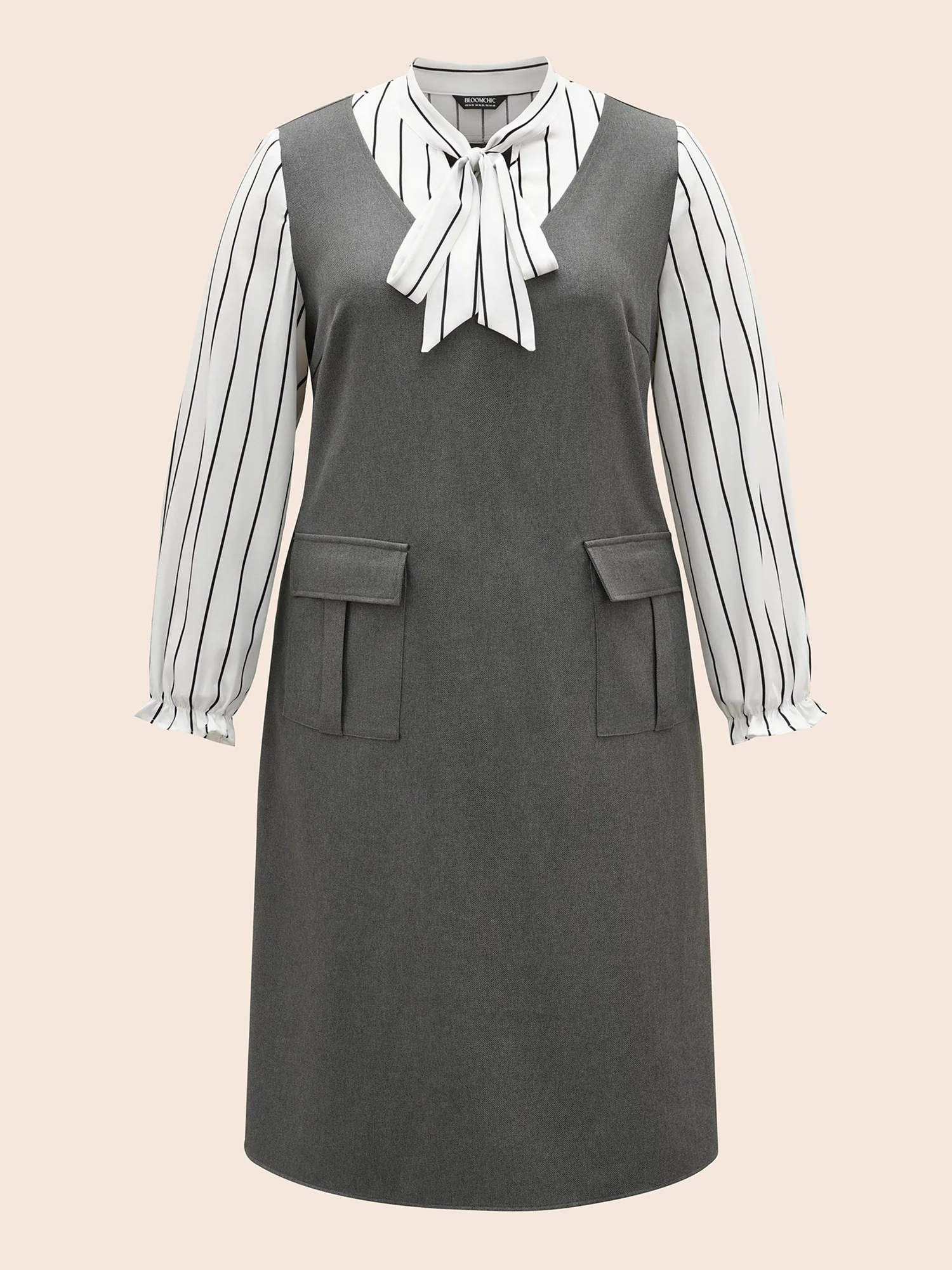 Striped Patchwork Ribbon Tied Collar Dress - Image 7