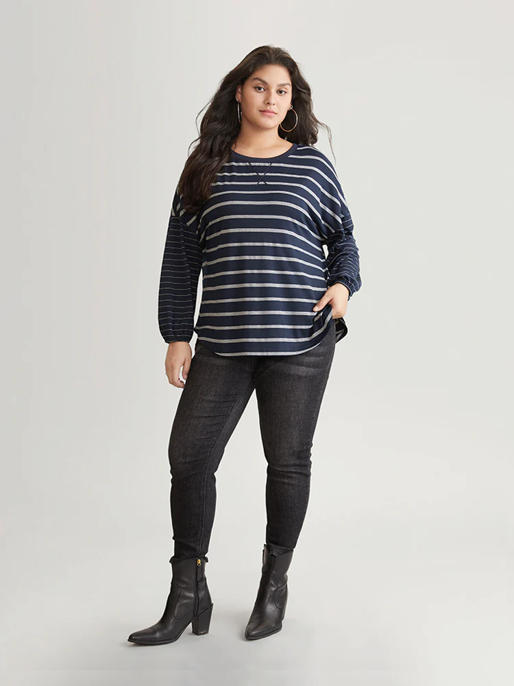 Striped Patchwork Curved Hem Stitch T-shirt - Image 3