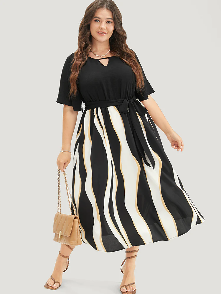 Striped Patchwork Ruffle Sleeve Pocket Belted Keyhole Dress - Image 2