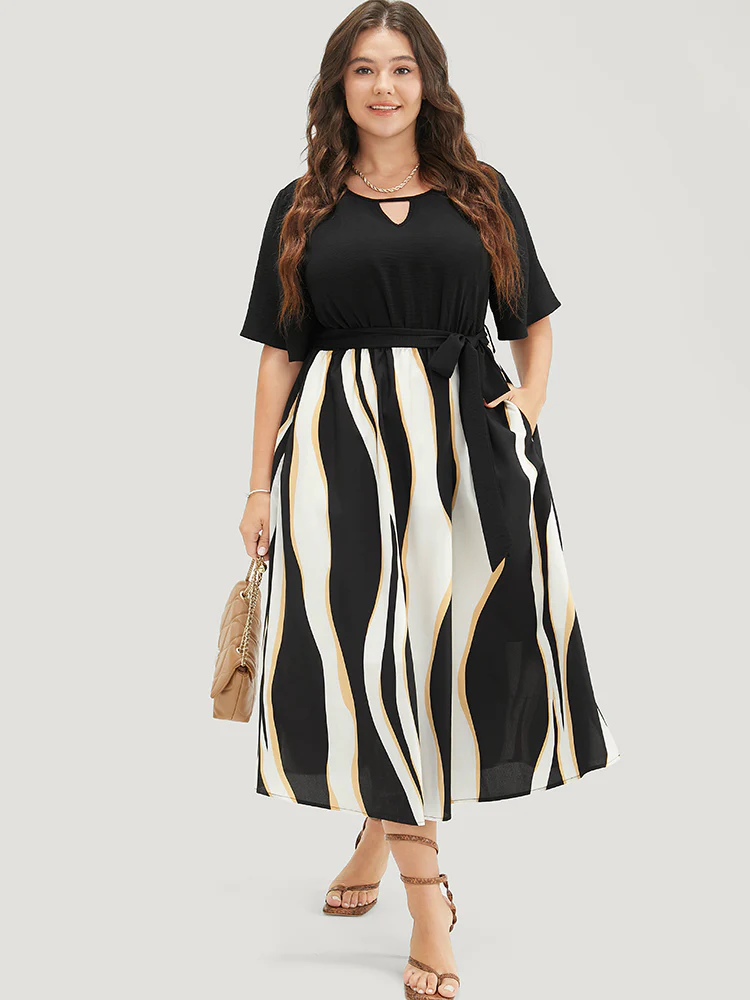 Striped Patchwork Ruffle Sleeve Pocket Belted Keyhole Dress - Image 3