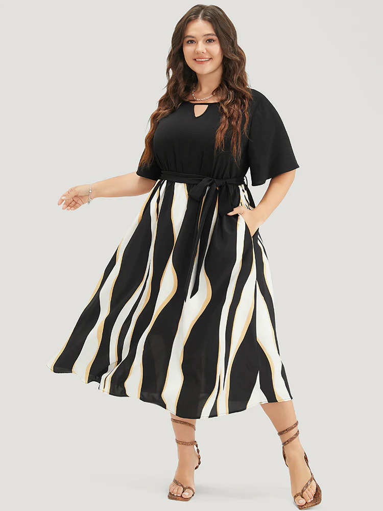 Striped Patchwork Ruffle Sleeve Pocket Belted Keyhole Dress - Image 4