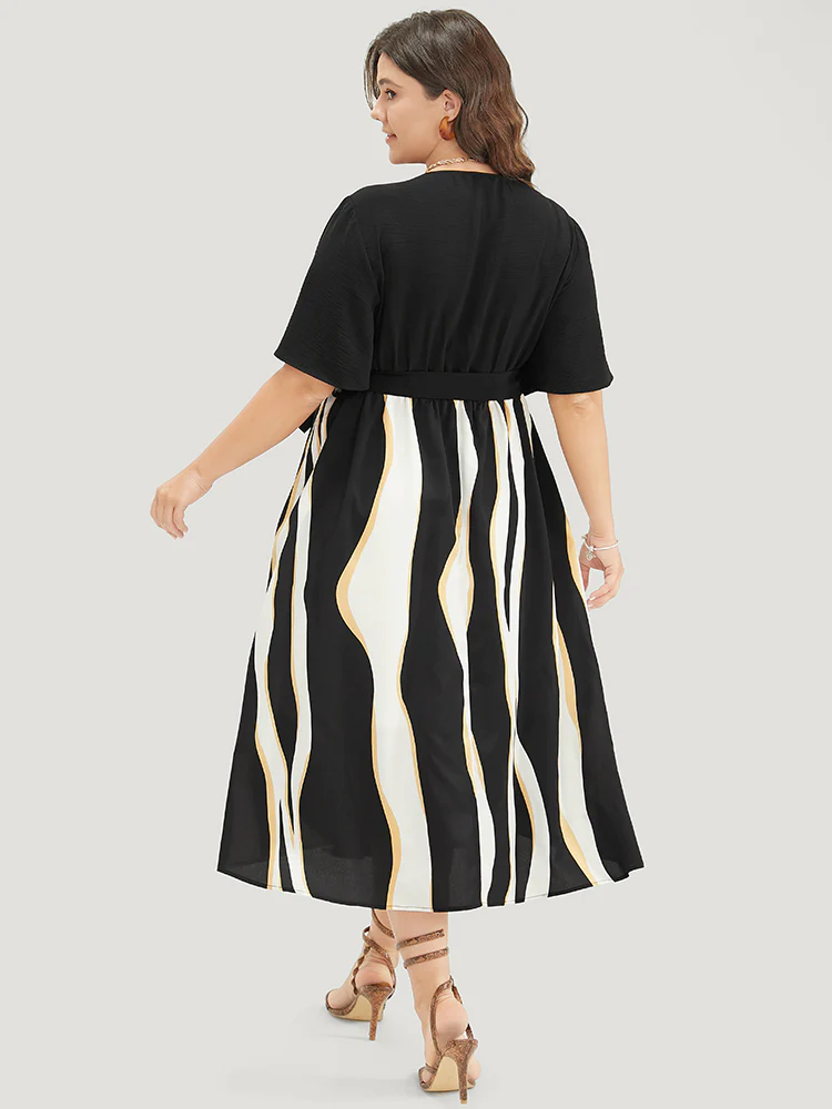 Striped Patchwork Ruffle Sleeve Pocket Belted Keyhole Dress - Image 5