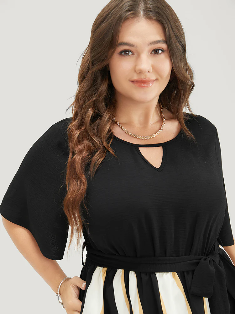 Striped Patchwork Ruffle Sleeve Pocket Belted Keyhole Dress - Image 6