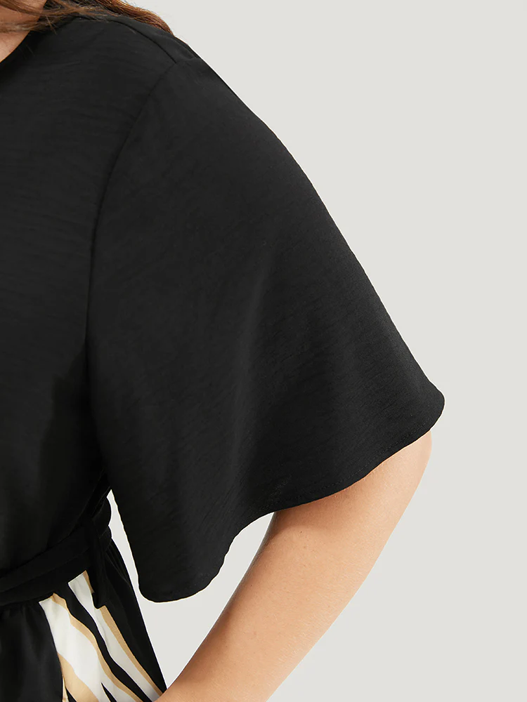 Striped Patchwork Ruffle Sleeve Pocket Belted Keyhole Dress - Image 8