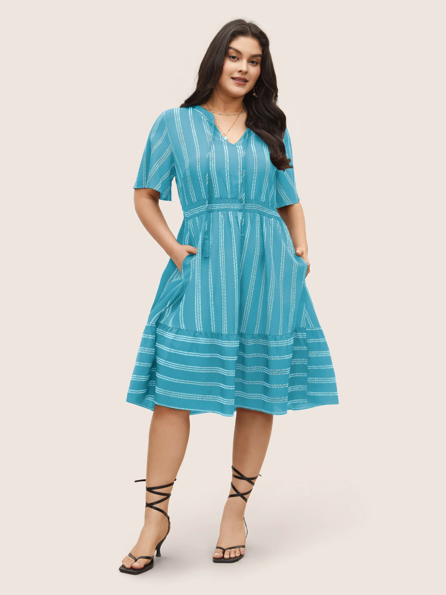Striped Patchwork Tassels Ties Shirred Dress - Image 10