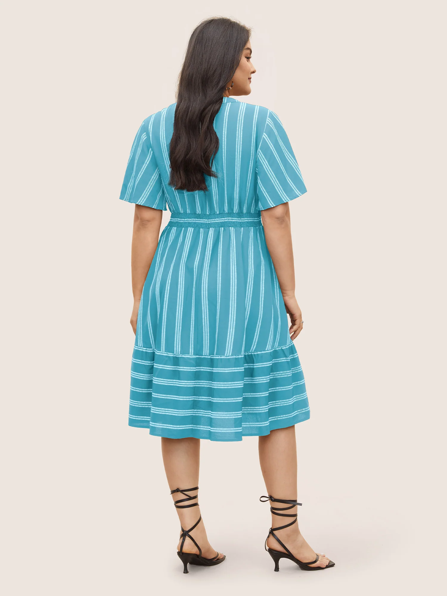 Striped Patchwork Tassels Ties Shirred Dress - Image 11