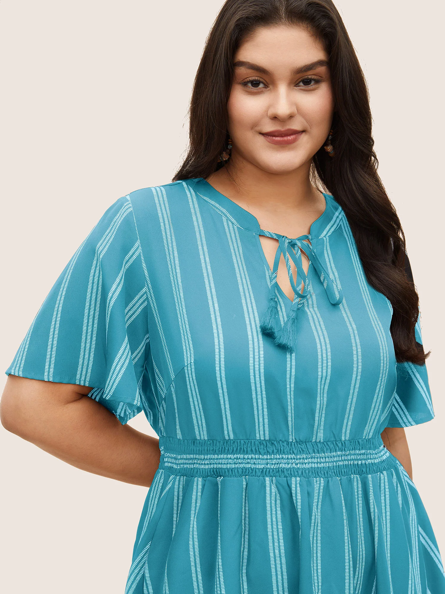 Striped Patchwork Tassels Ties Shirred Dress - Image 12