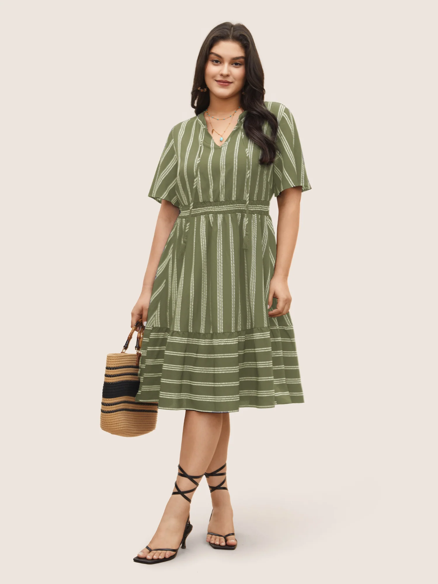 Striped Patchwork Tassels Ties Shirred Dress - Image 13