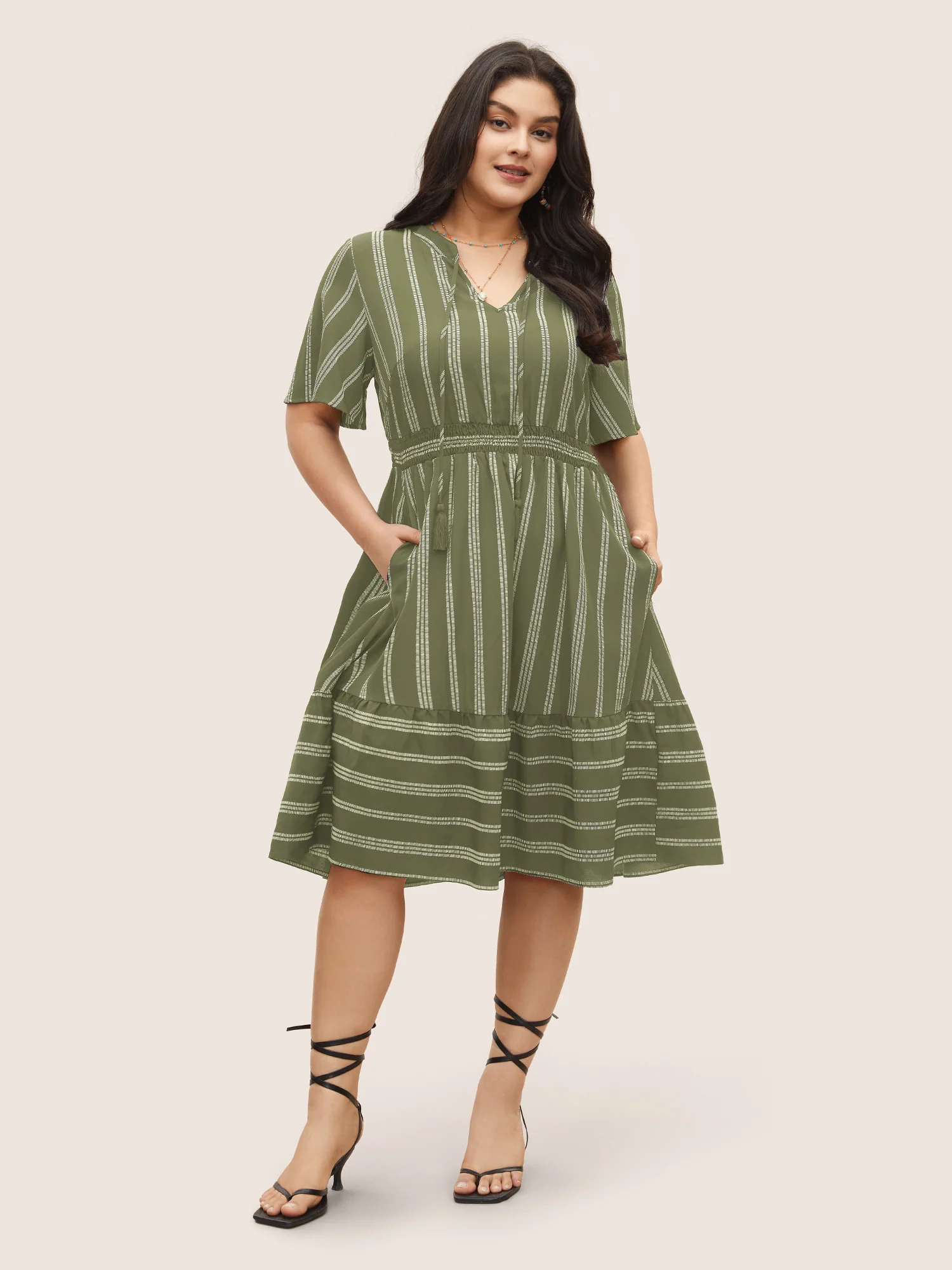 Striped Patchwork Tassels Ties Shirred Dress - Image 14
