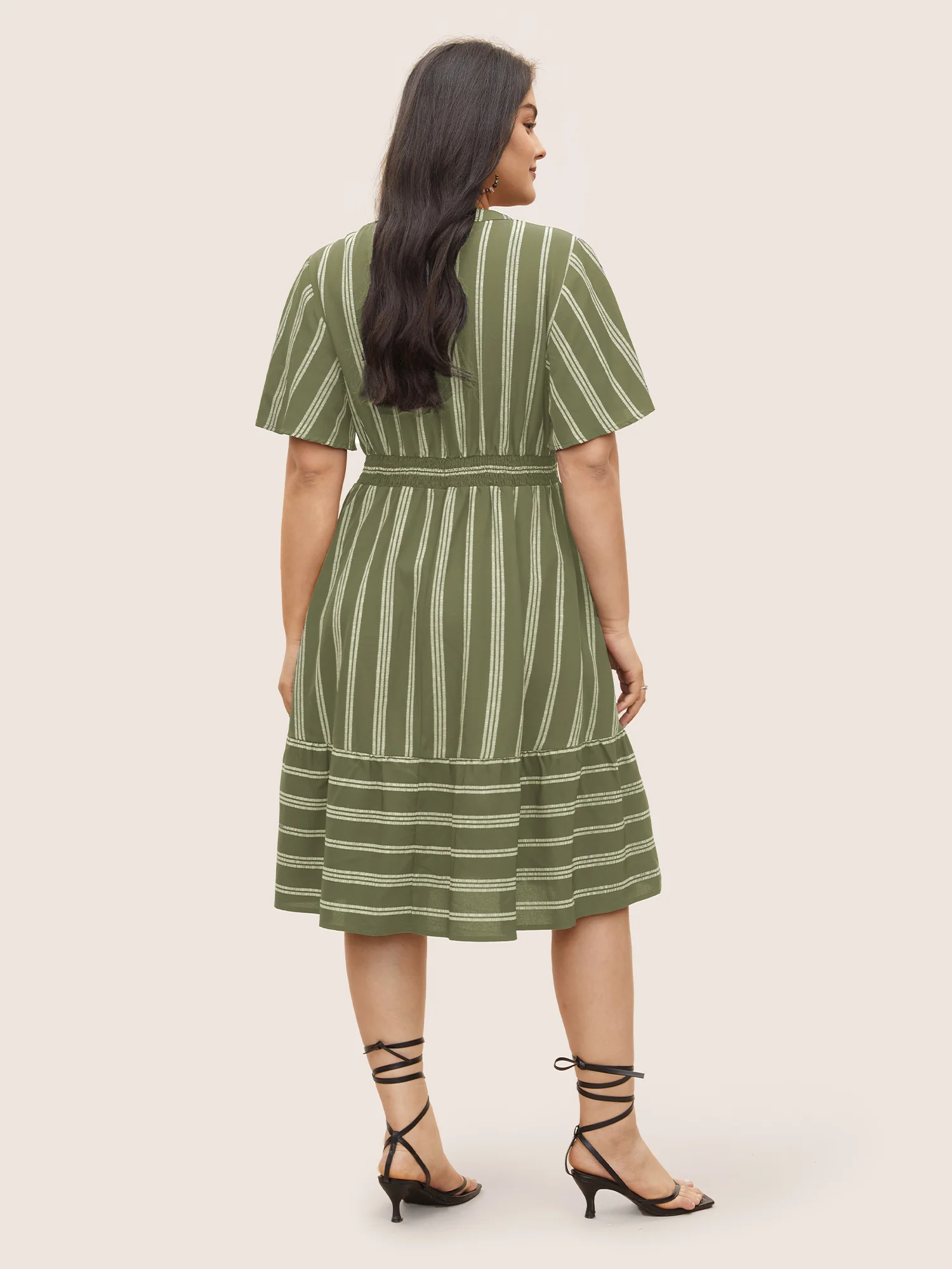 Striped Patchwork Tassels Ties Shirred Dress - Image 15