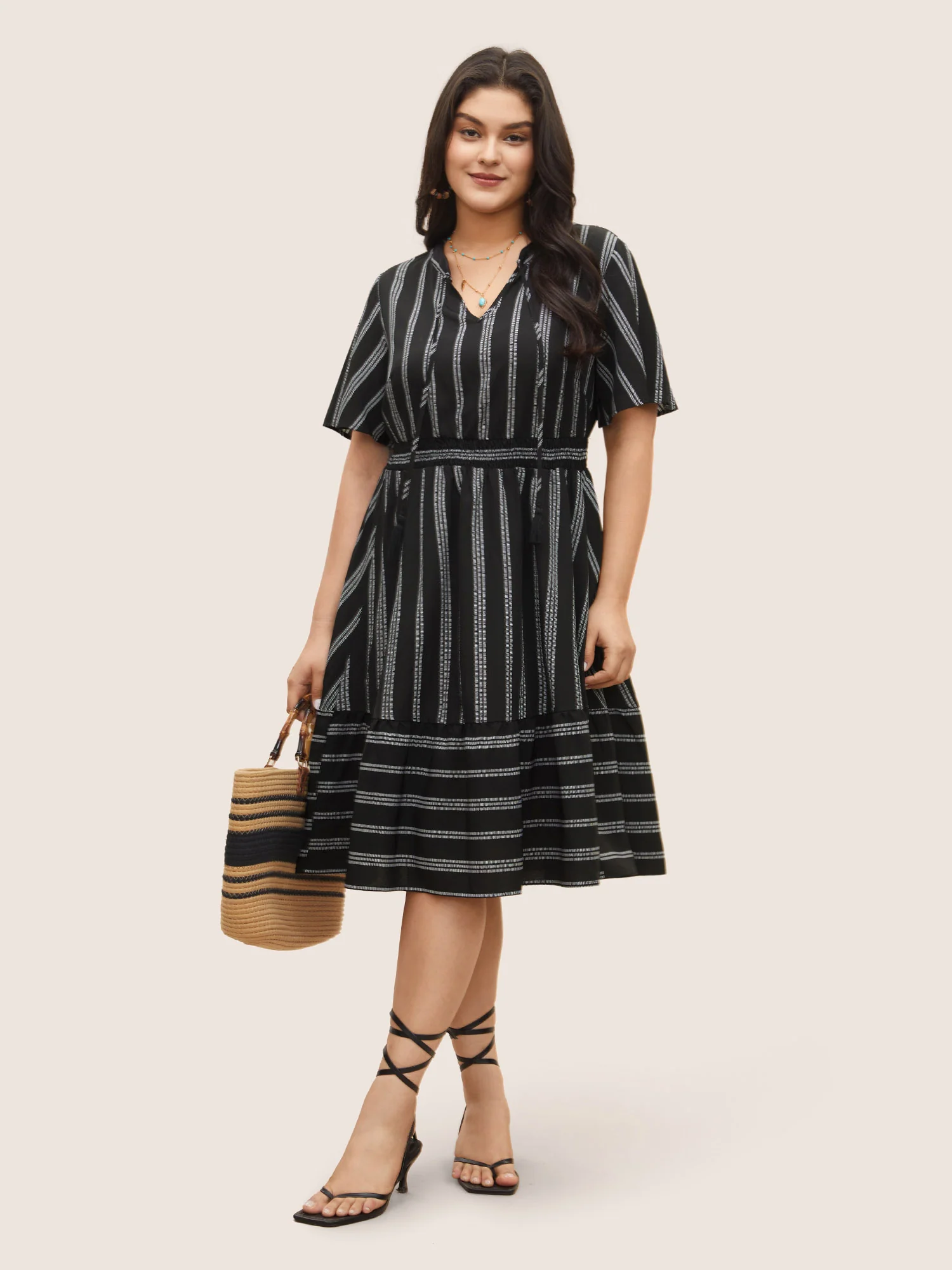 Striped Patchwork Tassels Ties Shirred Dress - Image 2