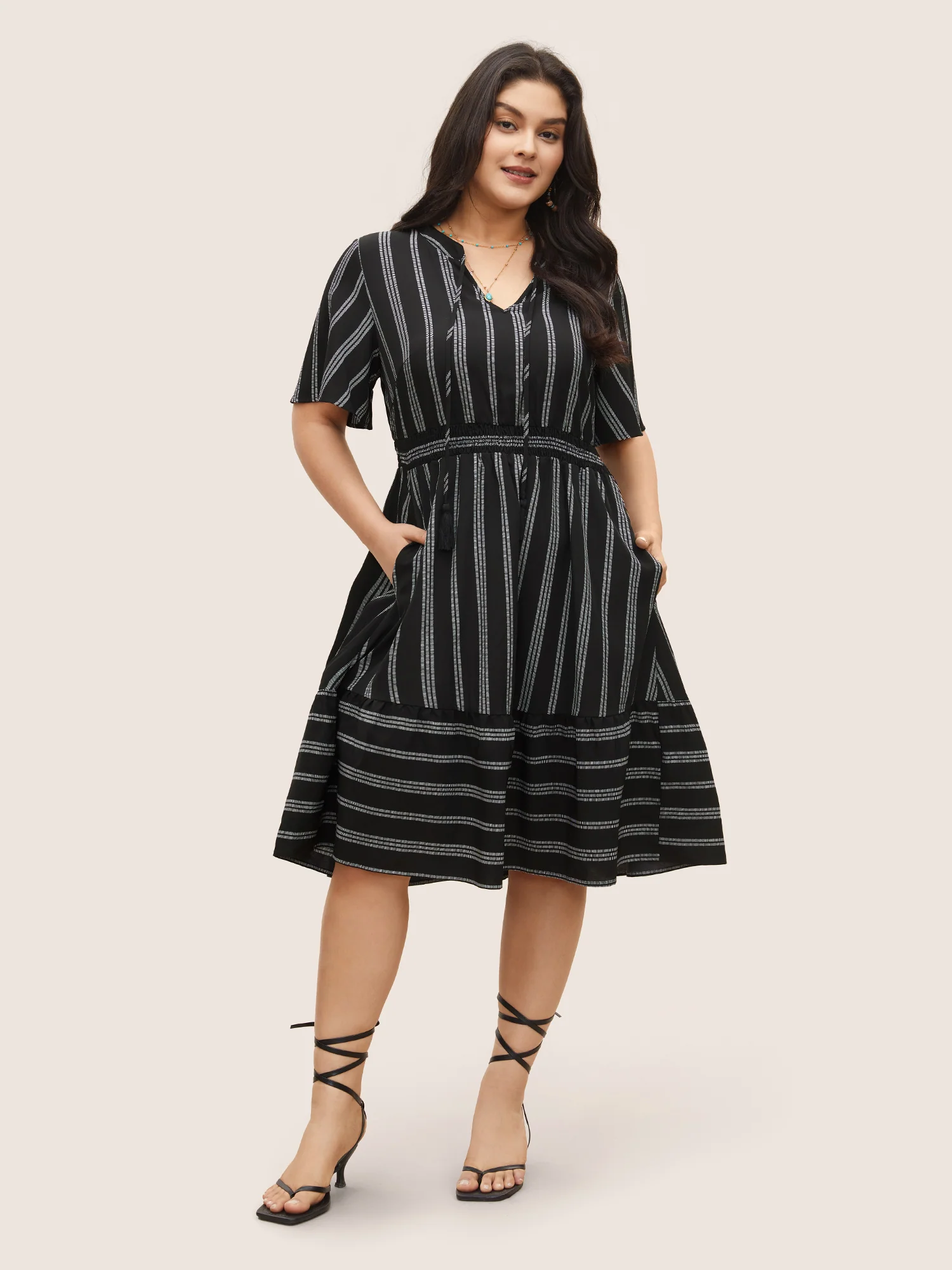 Striped Patchwork Tassels Ties Shirred Dress - Image 3