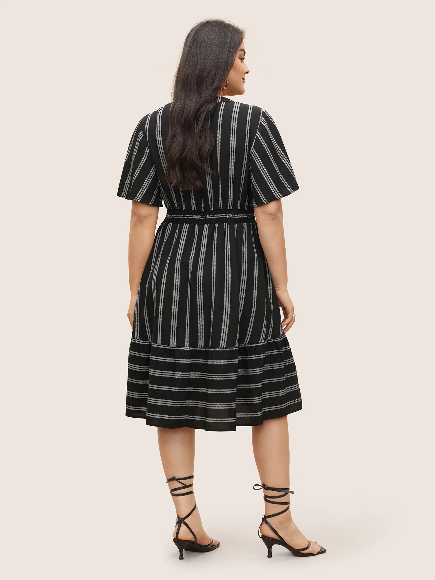 Striped Patchwork Tassels Ties Shirred Dress - Image 4
