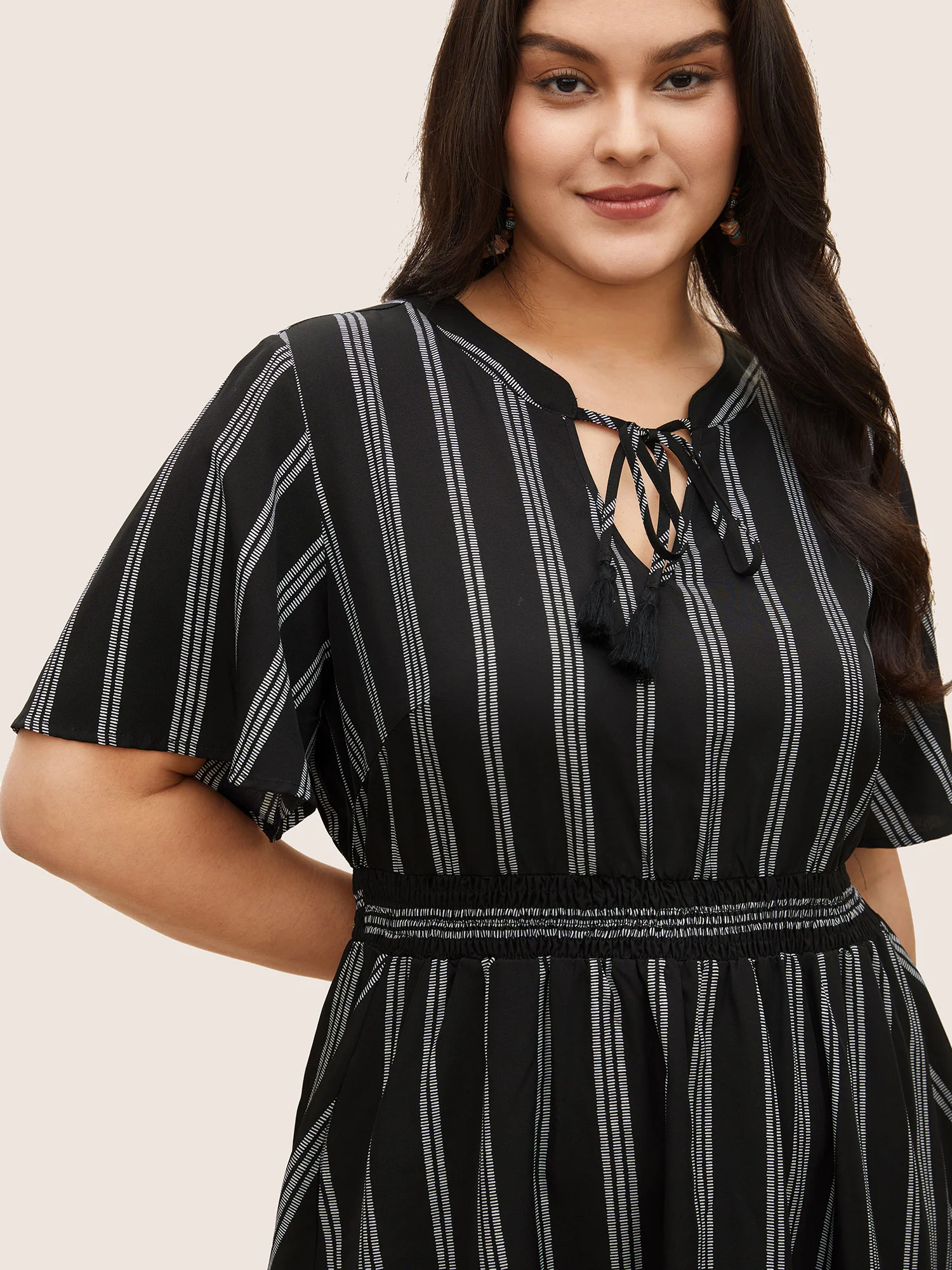 Striped Patchwork Tassels Ties Shirred Dress - Image 5