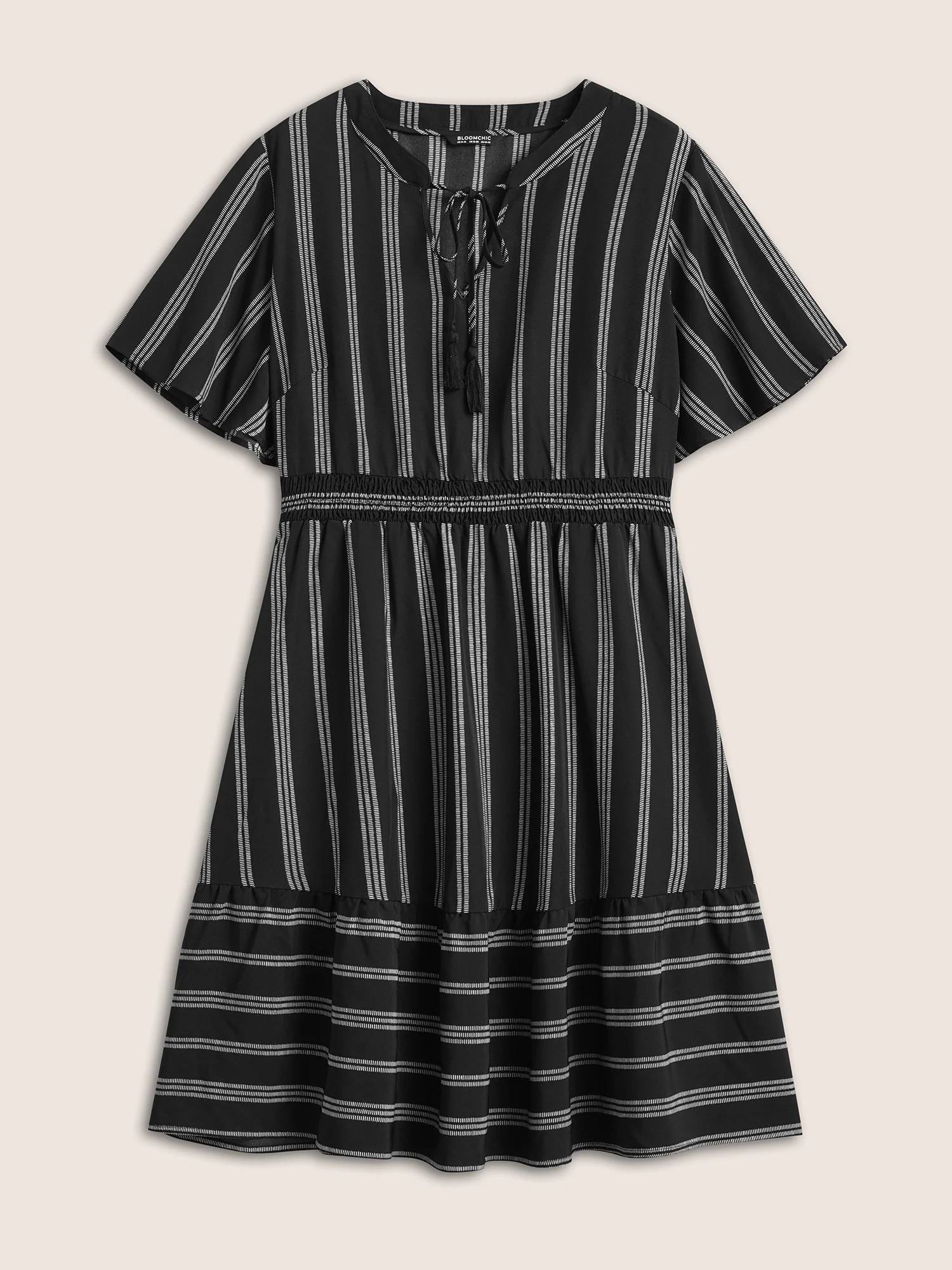 Striped Patchwork Tassels Ties Shirred Dress - Image 8