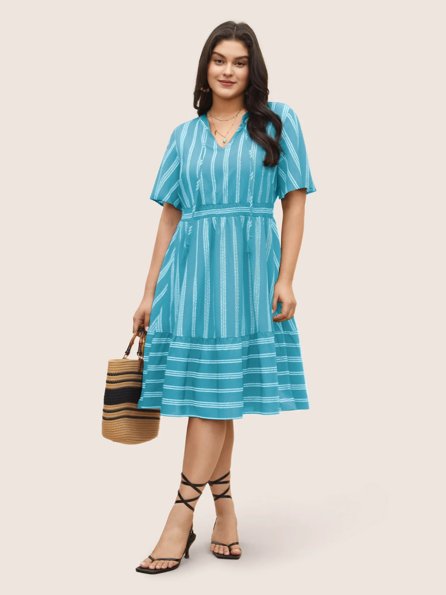 Striped Patchwork Tassels Ties Shirred Dress - Image 9