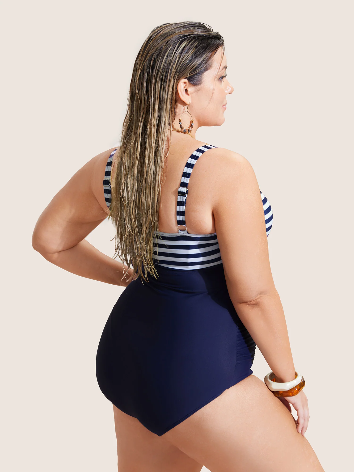 Striped Patchwork Twist Front One Piece Swimsuit - Image 2