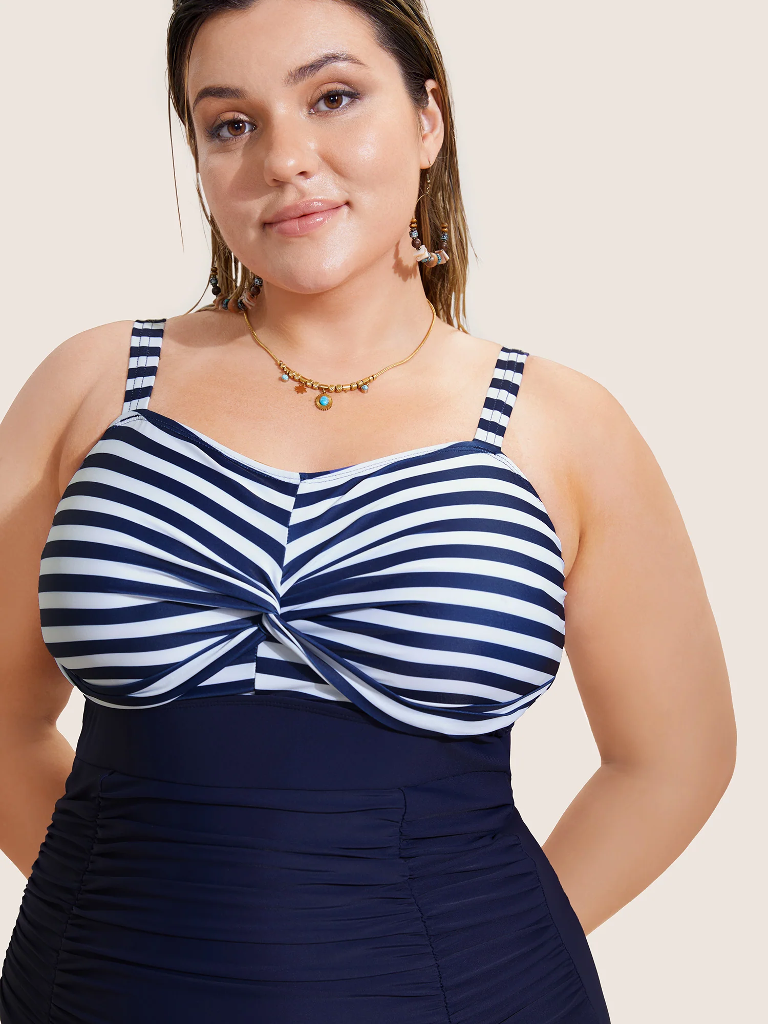 Striped Patchwork Twist Front One Piece Swimsuit - Image 3