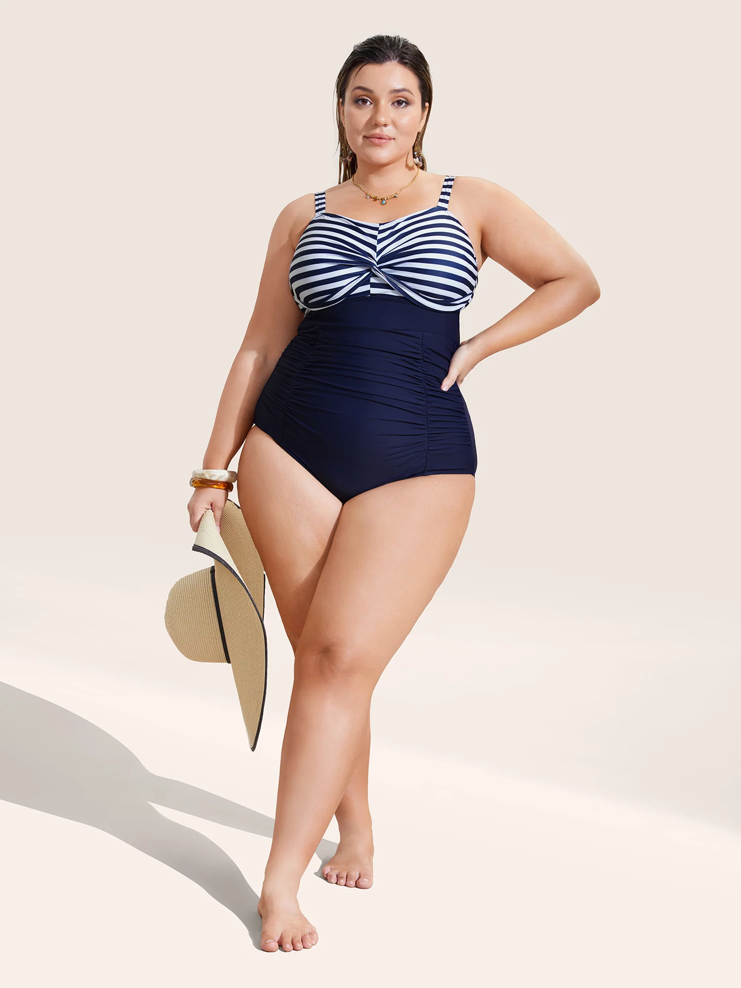 Striped Patchwork Twist Front One Piece Swimsuit - Image 4