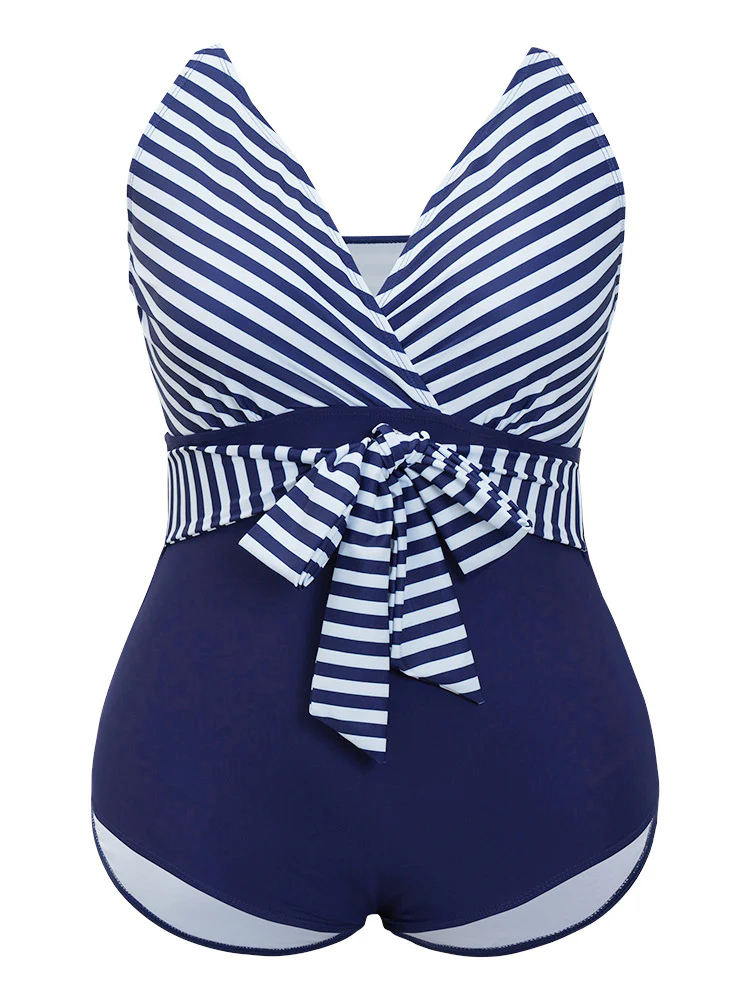 Striped Patchwork Wrap Knot Front One Piece Swimsuit - Image 11