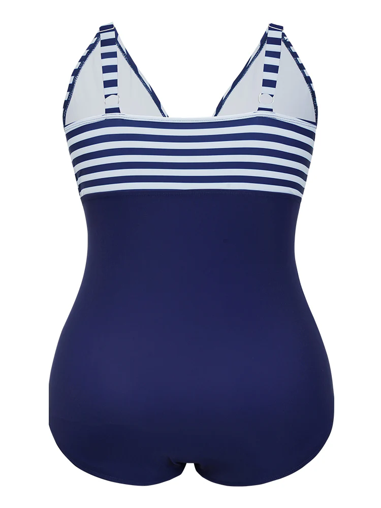 Striped Patchwork Wrap Knot Front One Piece Swimsuit - Image 12