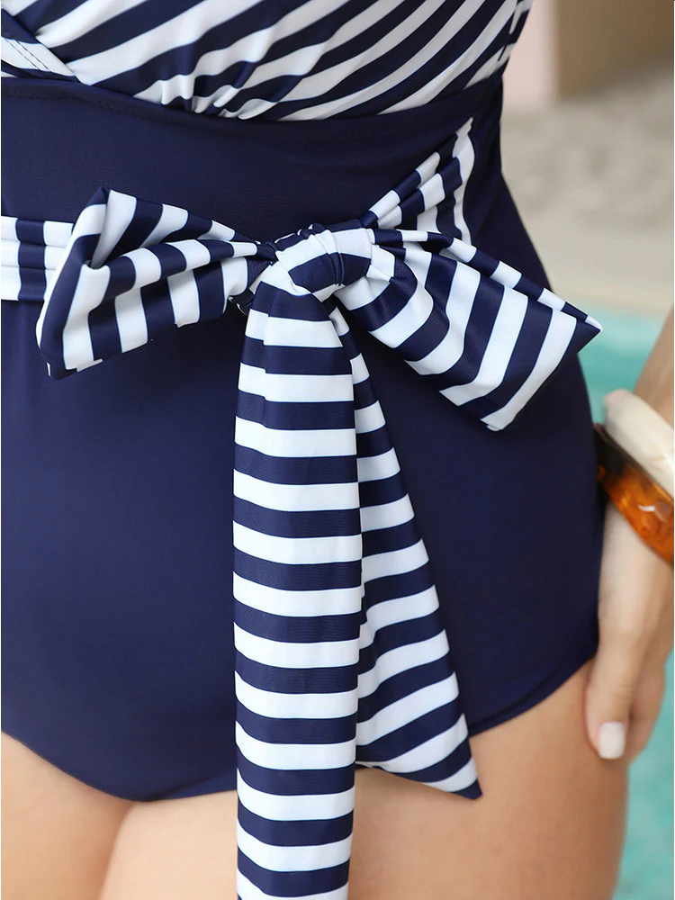 Striped Patchwork Wrap Knot Front One Piece Swimsuit - Image 9