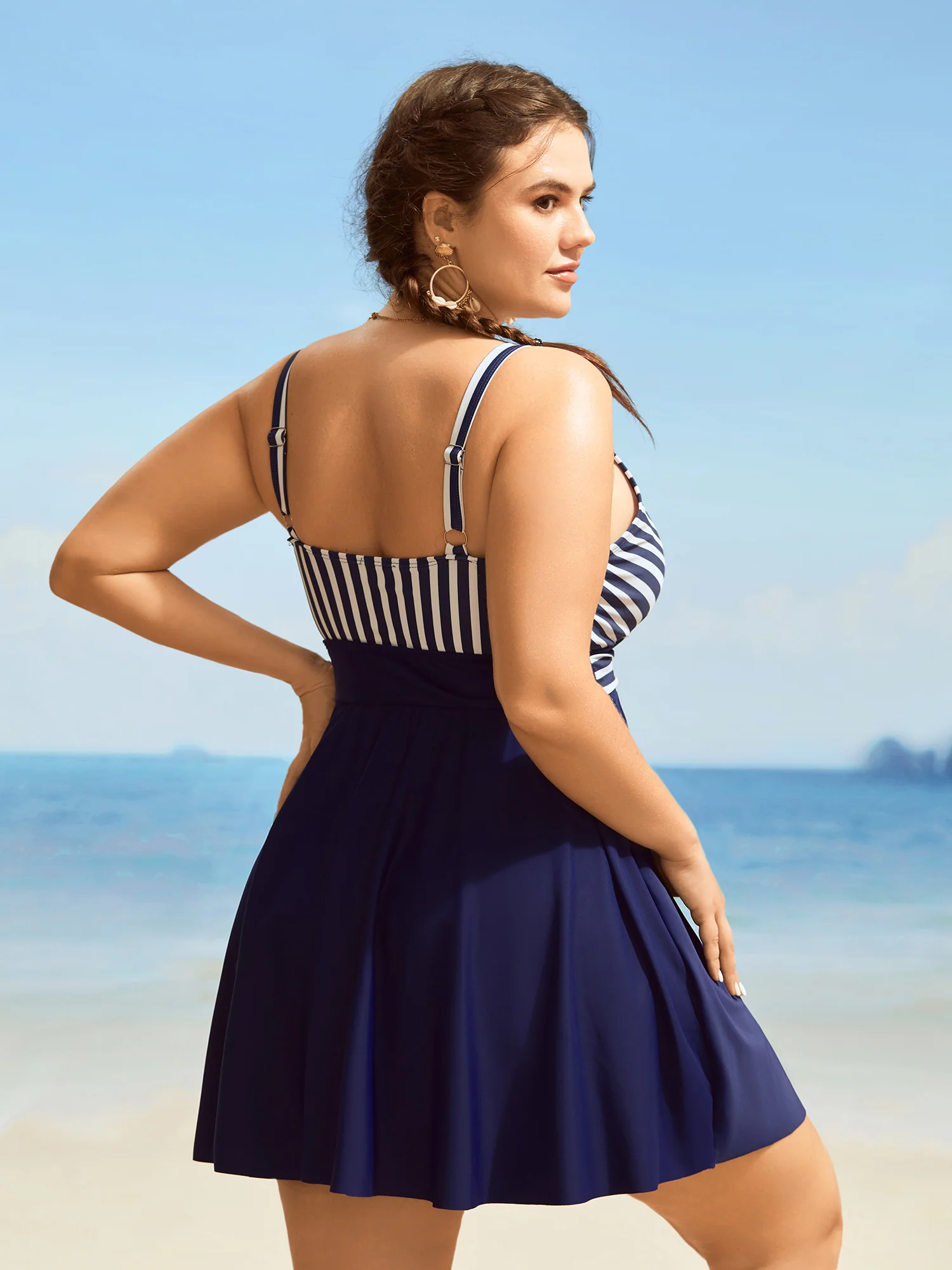 Striped Patchwork Wrap Tie Knot Swim Dress - Image 2