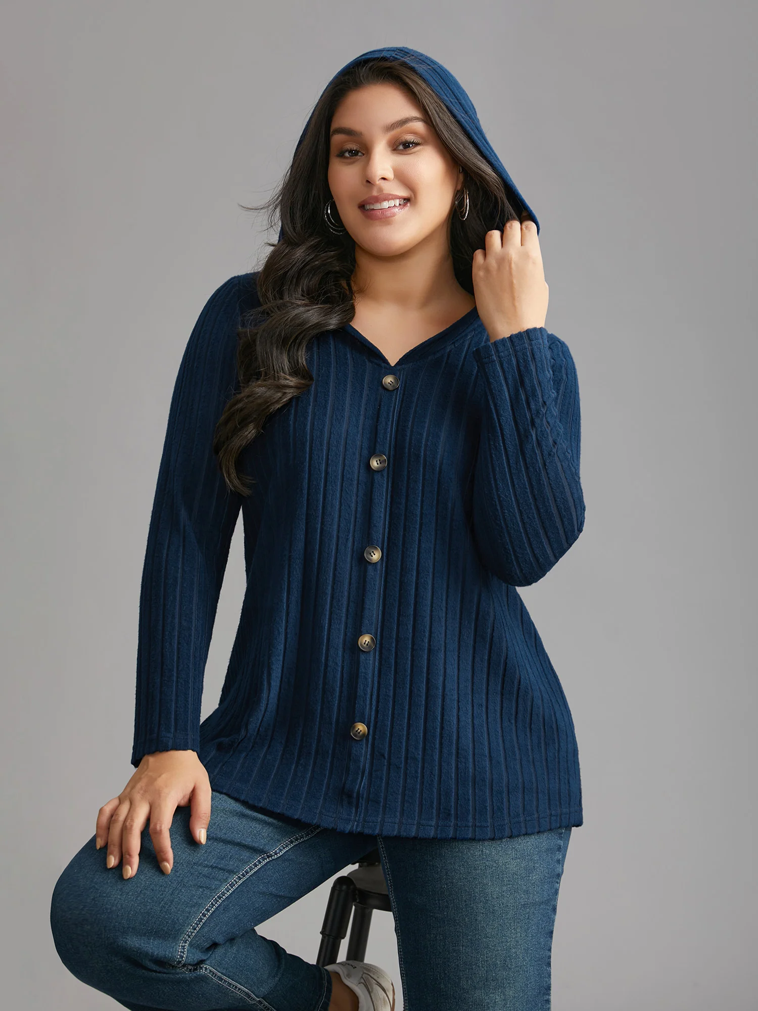 Striped Pit Button Front Hooded T-shirt - Image 2