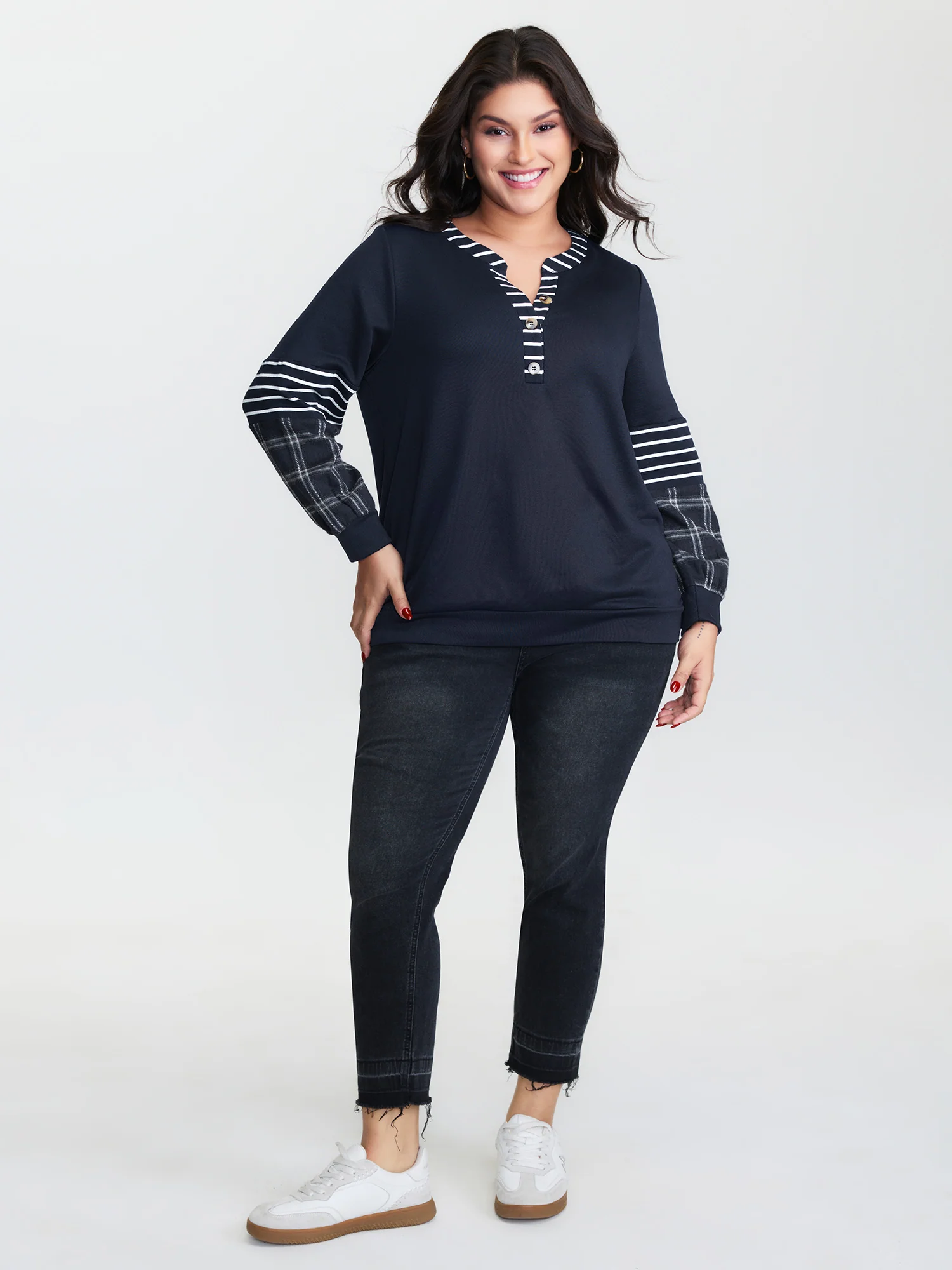 Striped Plaid Split Neckline Sweatshirt - Image 2