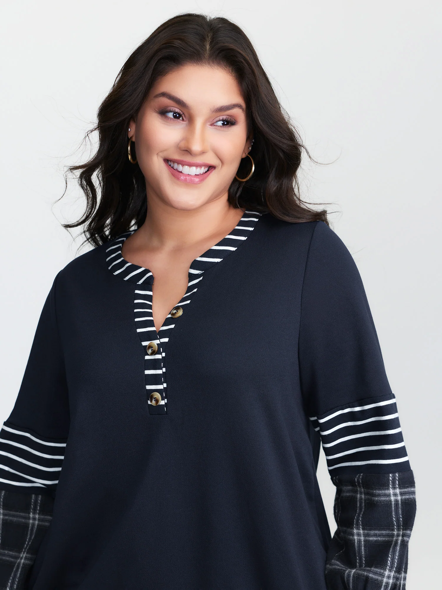 Striped Plaid Split Neckline Sweatshirt - Image 3