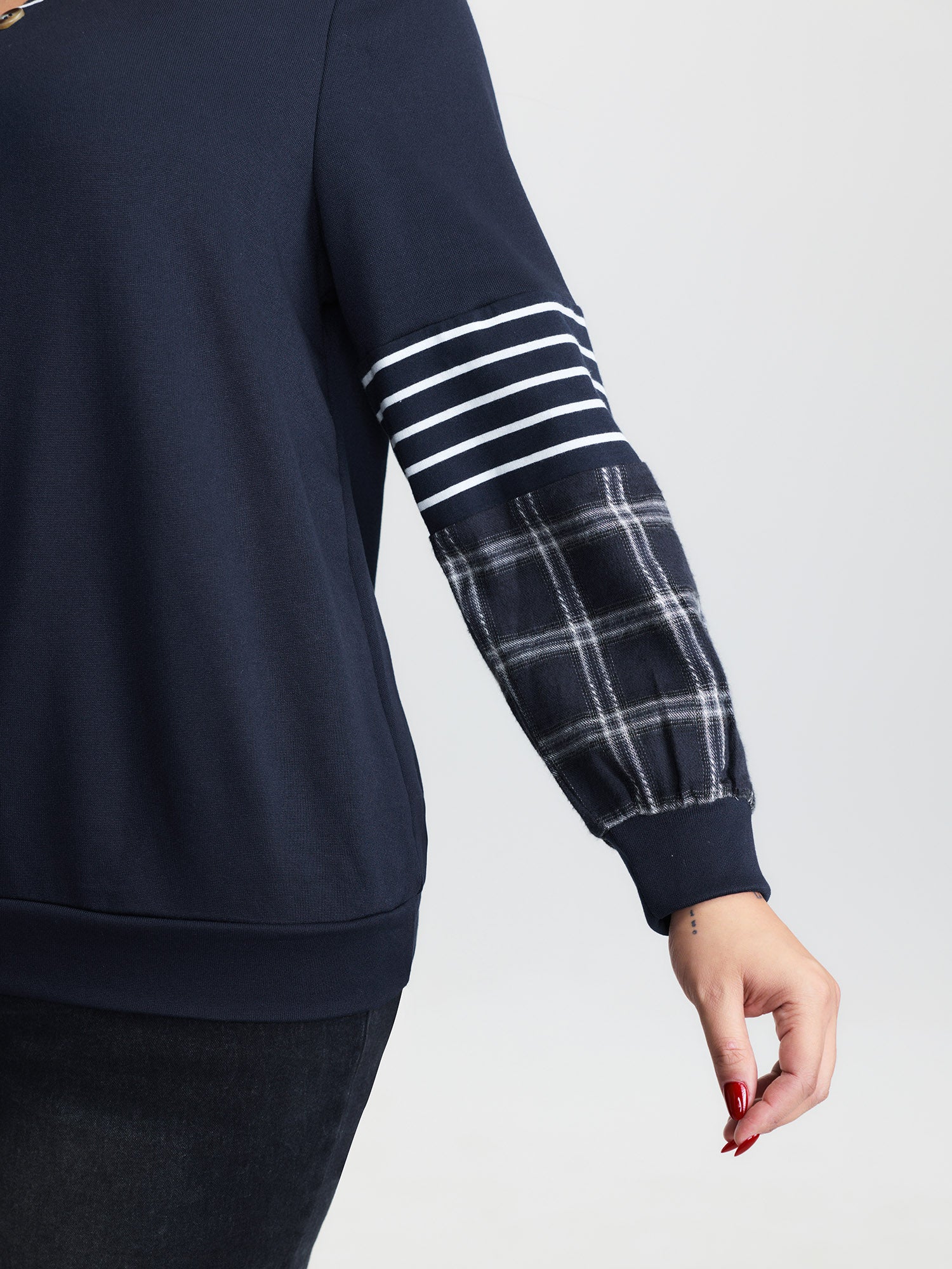 Striped Plaid Split Neckline Sweatshirt - Image 4