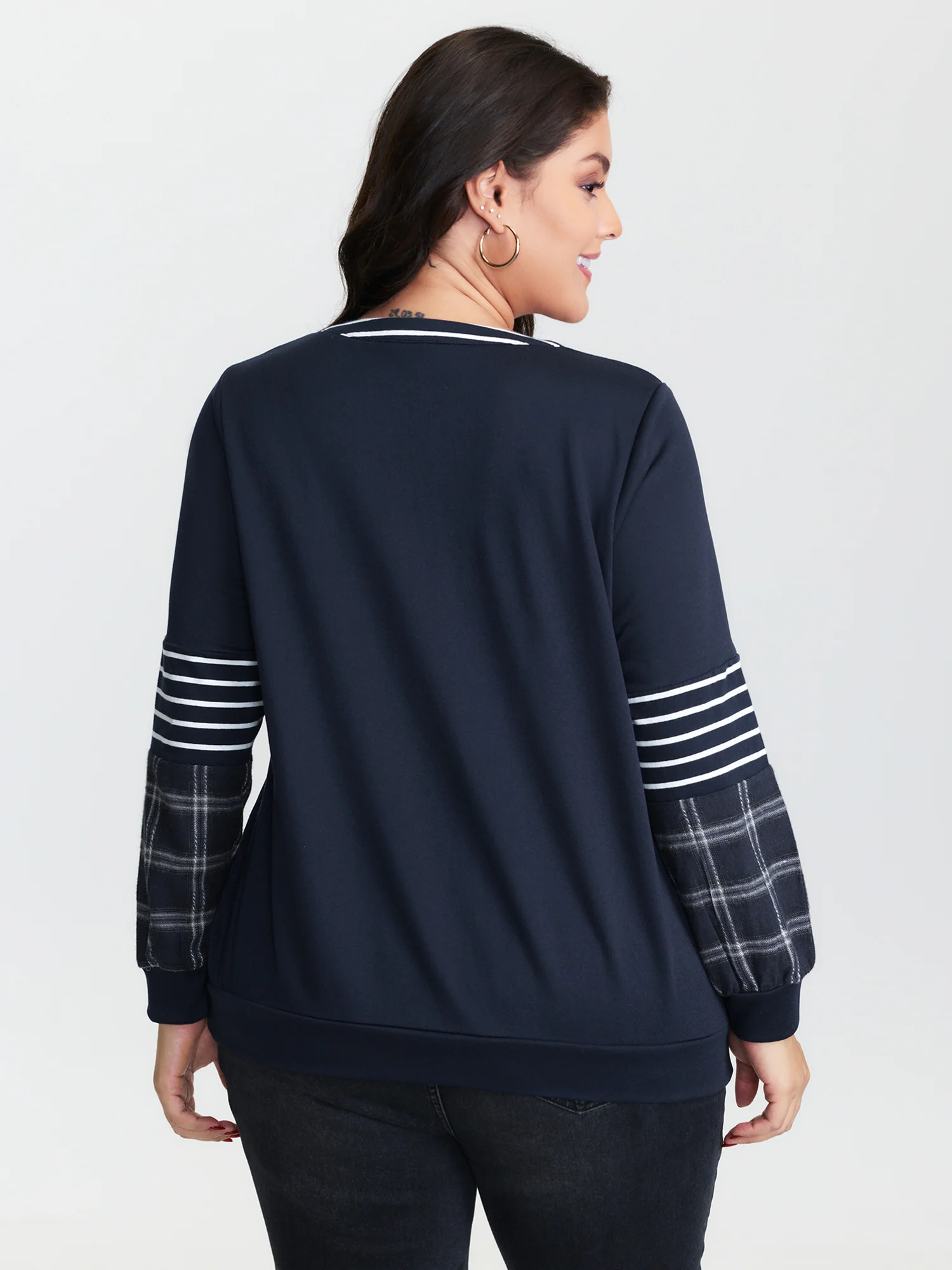 Striped Plaid Split Neckline Sweatshirt - Image 5