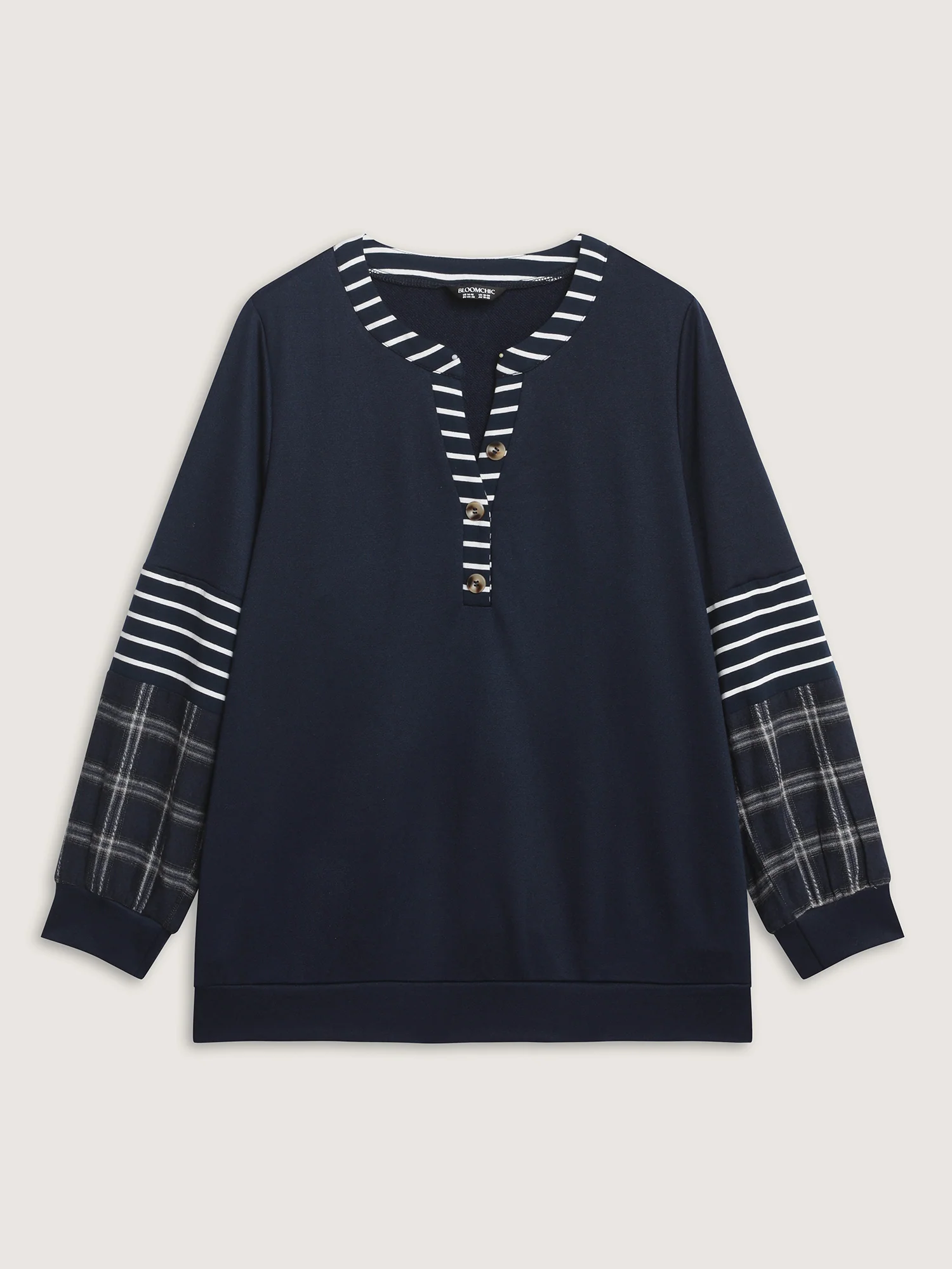 Striped Plaid Split Neckline Sweatshirt - Image 8