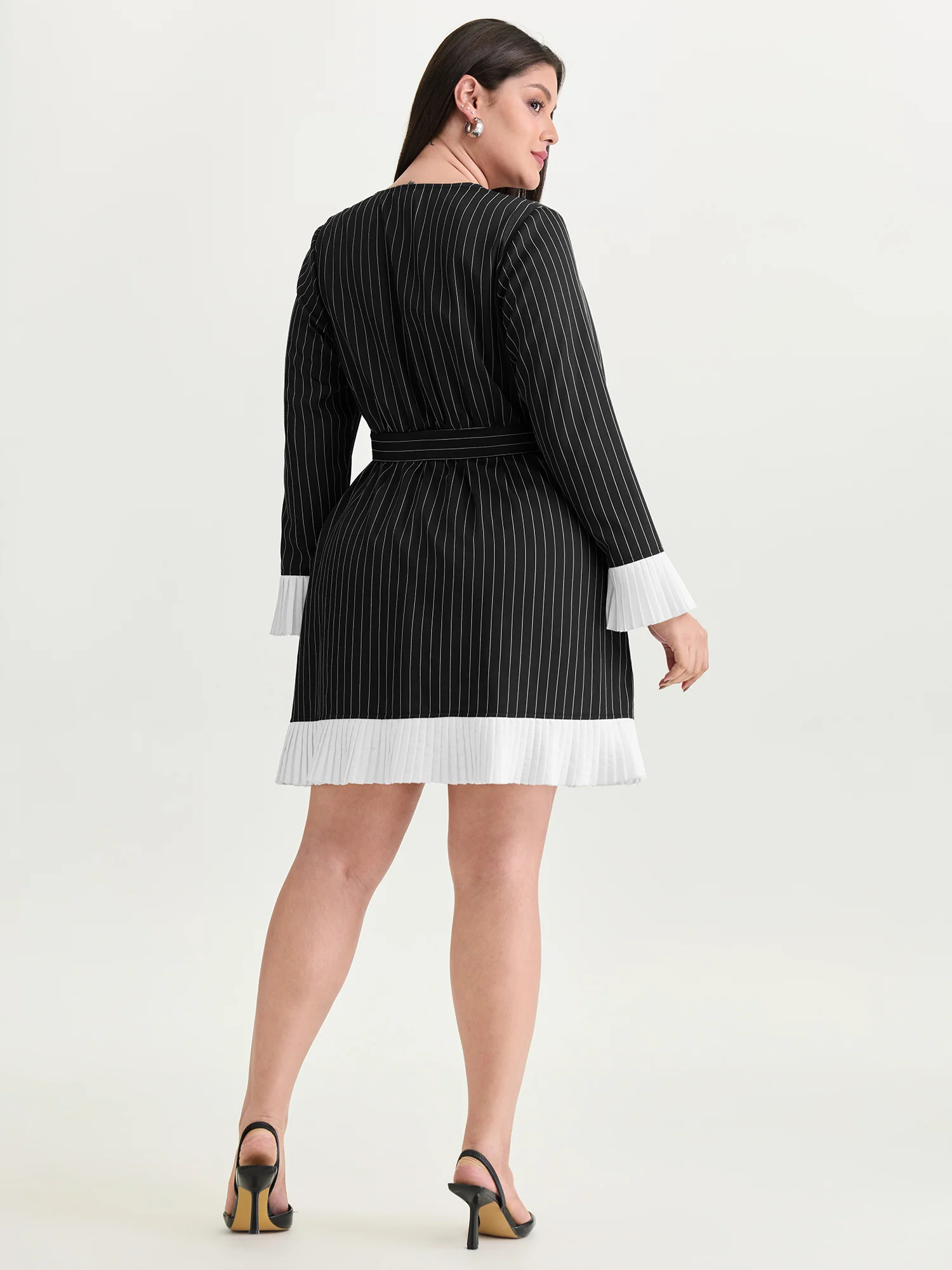 Striped Pleated Hem Belted Mini Dress - Image 4