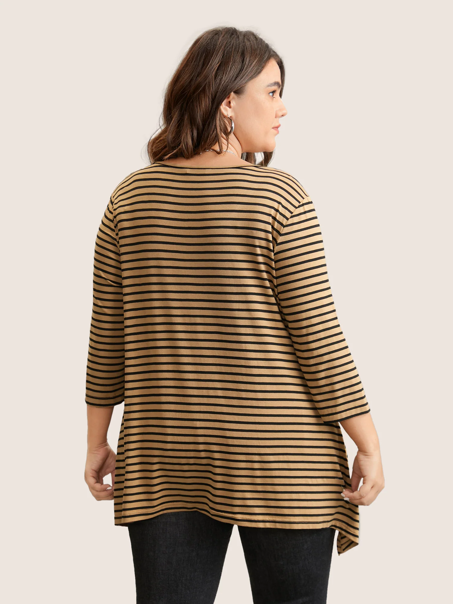 Striped Pocket Asymmetrical Split Hem Tunic T-shirt - Image 3