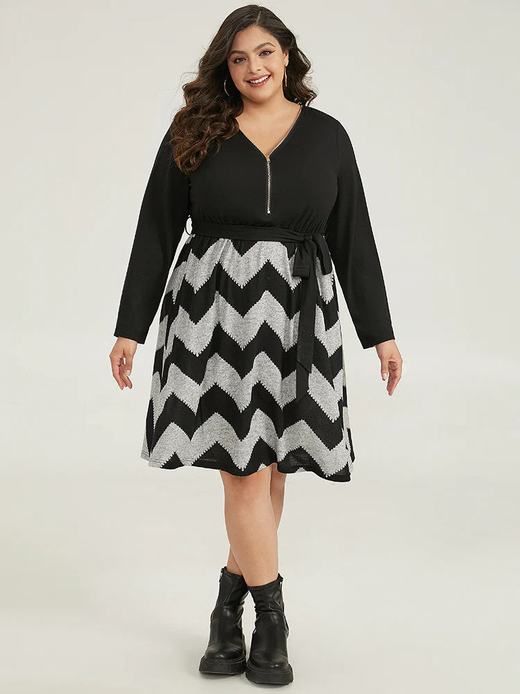 Striped Pocket Elastic Waist Patchwork Zipper Dress - Image 2
