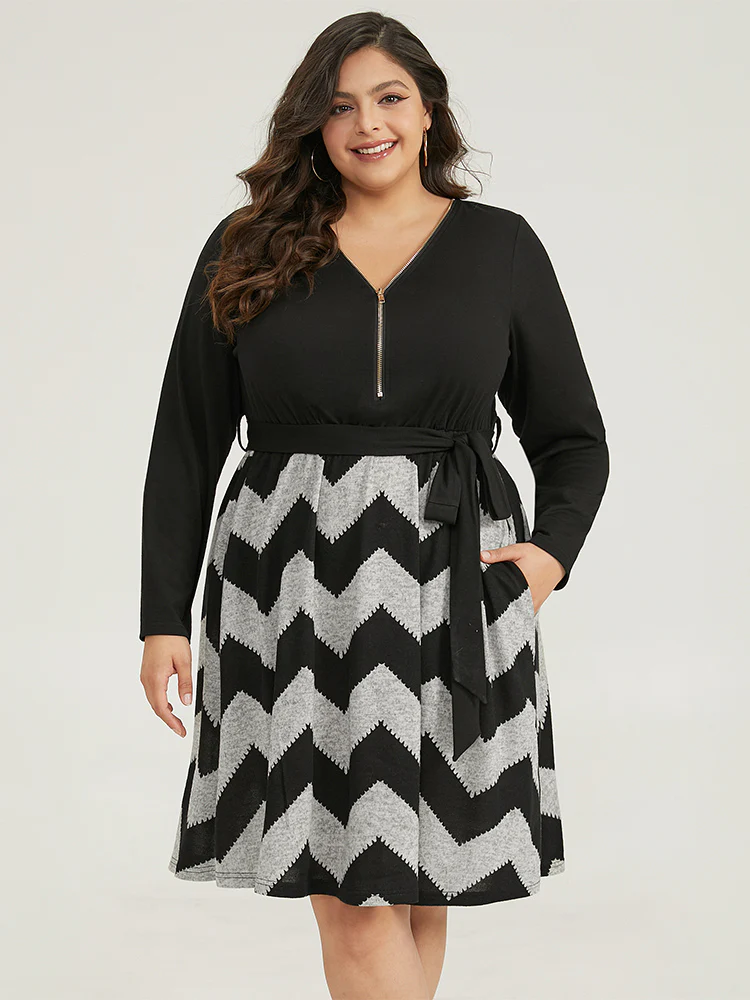 Striped Pocket Elastic Waist Patchwork Zipper Dress - Image 3