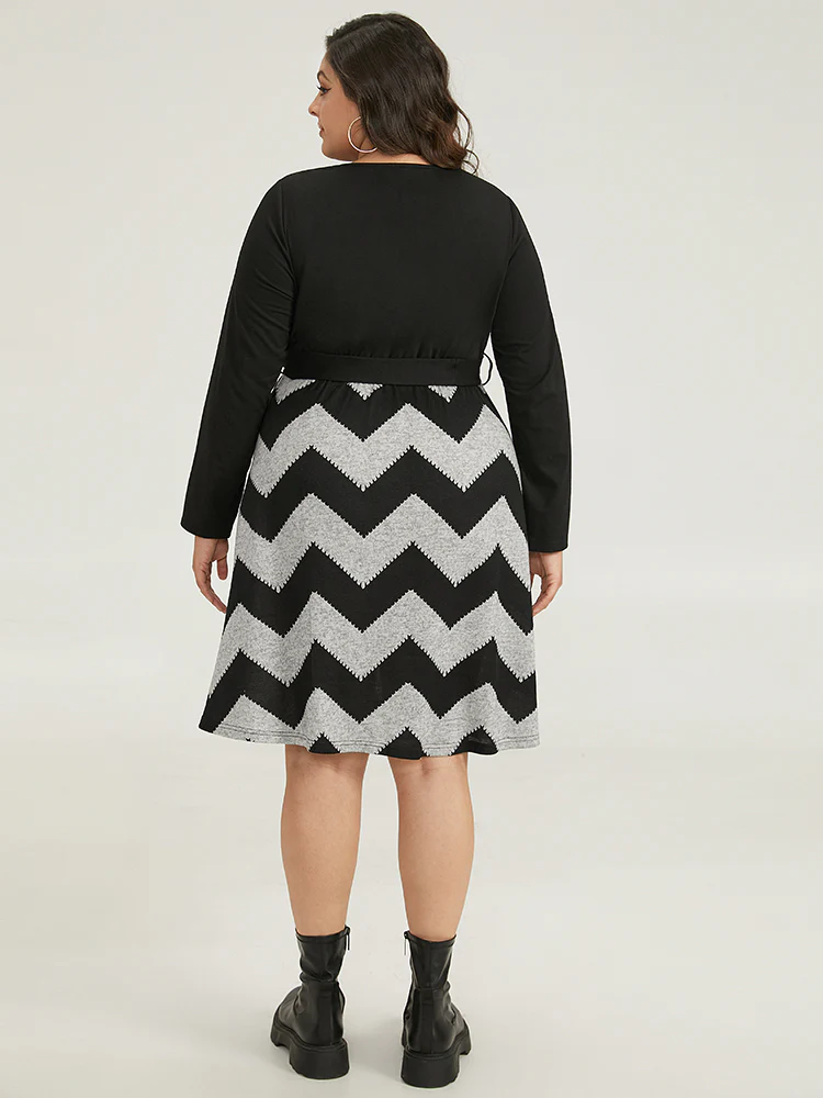 Striped Pocket Elastic Waist Patchwork Zipper Dress - Image 4