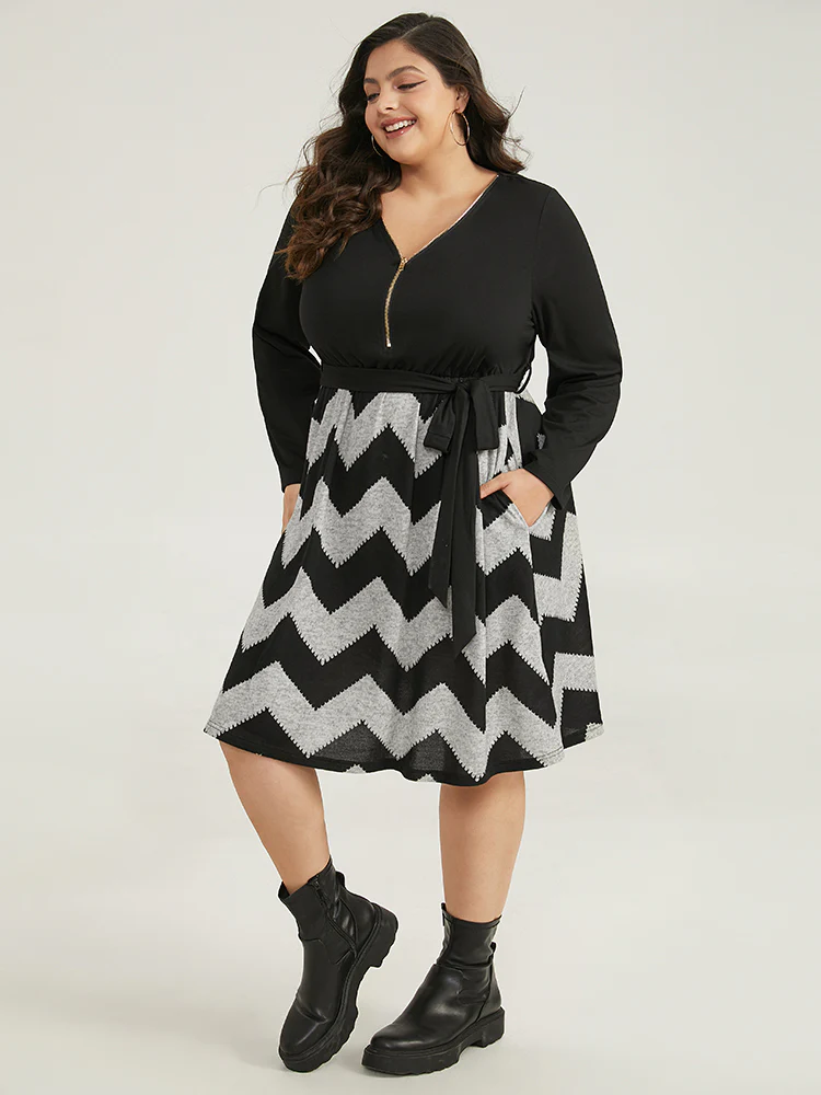 Striped Pocket Elastic Waist Patchwork Zipper Dress - Image 5