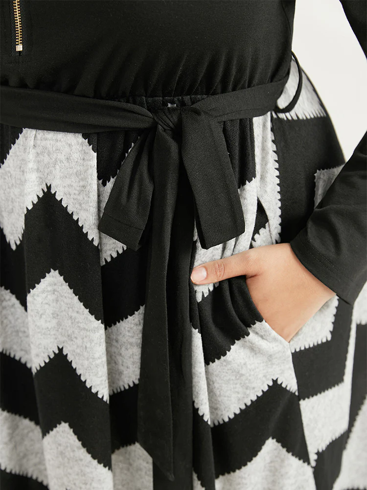 Striped Pocket Elastic Waist Patchwork Zipper Dress - Image 7