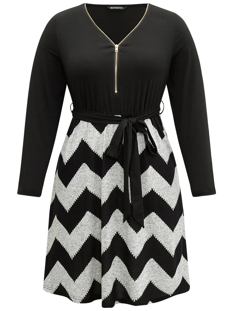 Striped Pocket Elastic Waist Patchwork Zipper Dress - Image 8