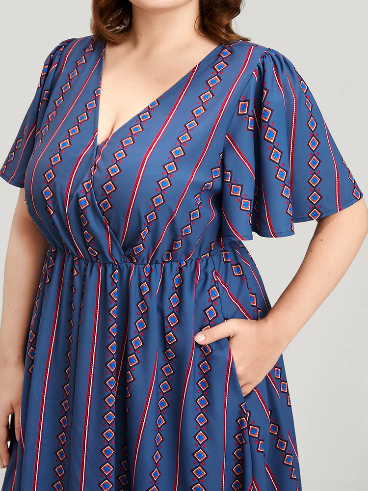 Striped Pocket Split Flutter Wrap Midi Dress - Image 3